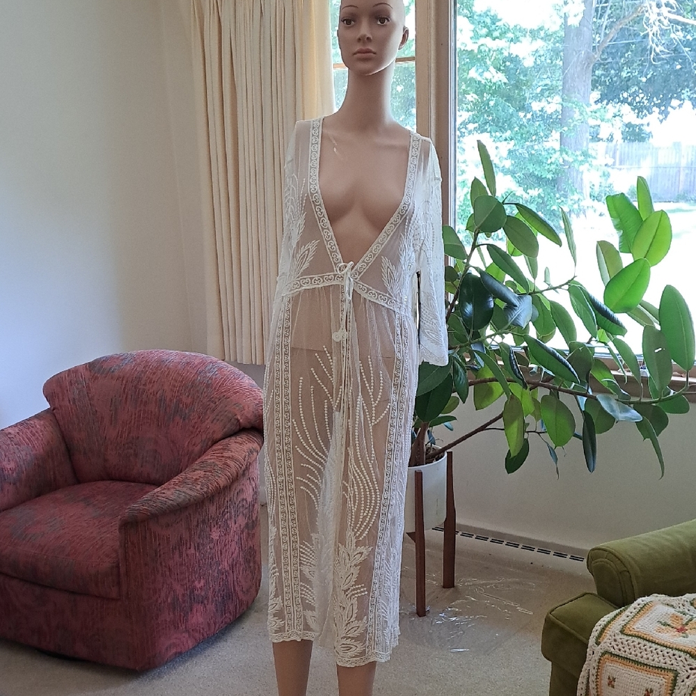 Black Tape_ Sheer White Lace Robe M